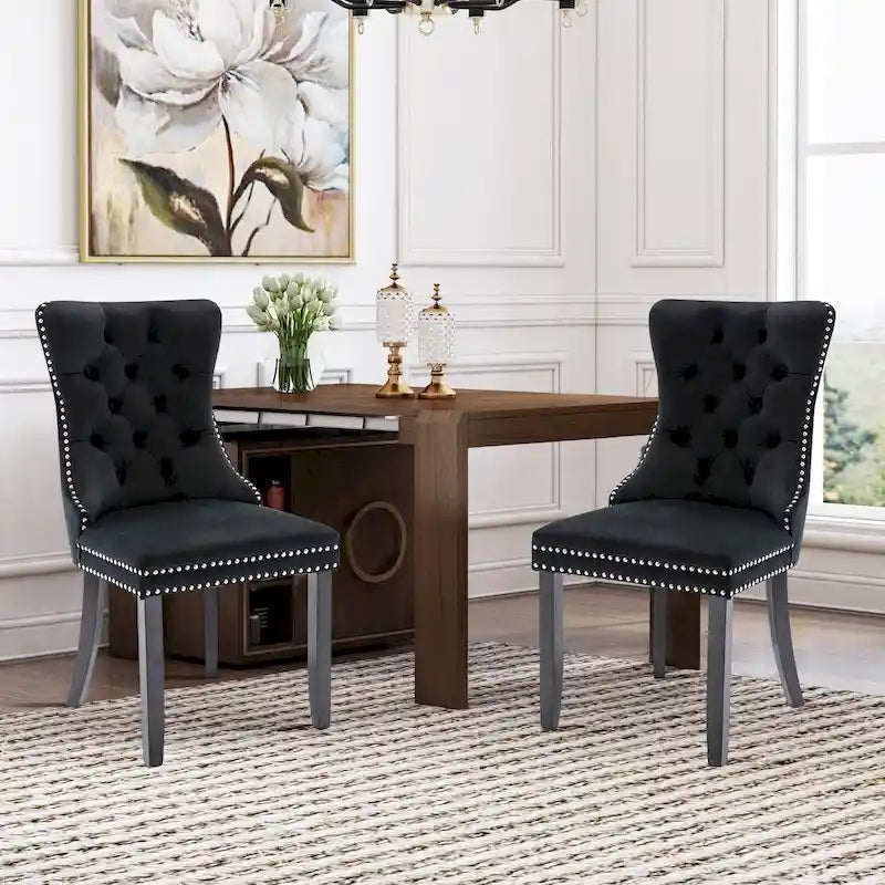 Lot de 2 chaises de salle à manger en velours avec dossier capitonné, clous décoratifs et pieds en bois massif