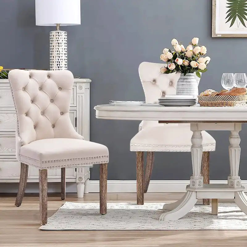 Lot de 2 chaises de salle à manger en velours avec dossier capitonné, clous décoratifs et pieds en bois massif