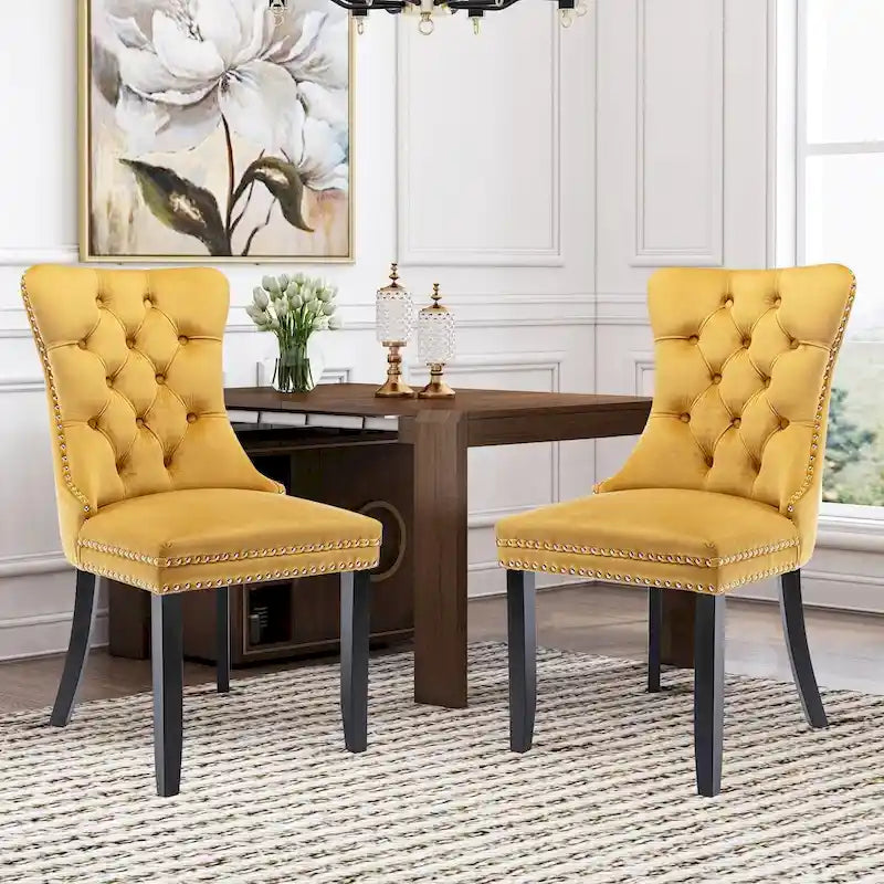 Lot de 2 chaises de salle à manger en velours avec dossier capitonné, clous décoratifs et pieds en bois massif