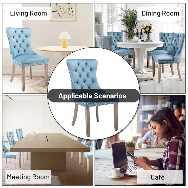 Lot de 2 chaises de salle à manger en velours avec dossier capitonné, clous décoratifs et pieds en bois massif