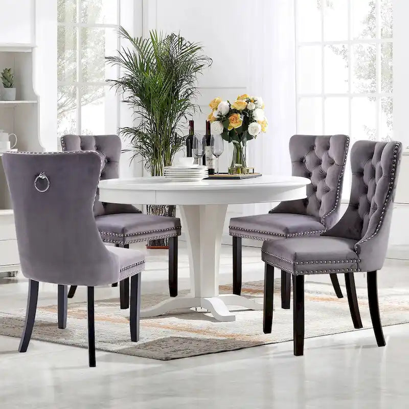 Lot de 2 chaises de salle à manger en velours avec dossier capitonné, clous décoratifs et pieds en bois massif