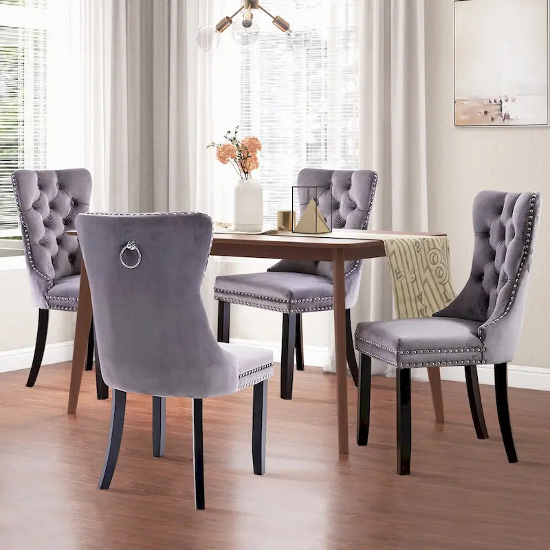Lot de 2 chaises de salle à manger en velours avec dossier capitonné, clous décoratifs et pieds en bois massif