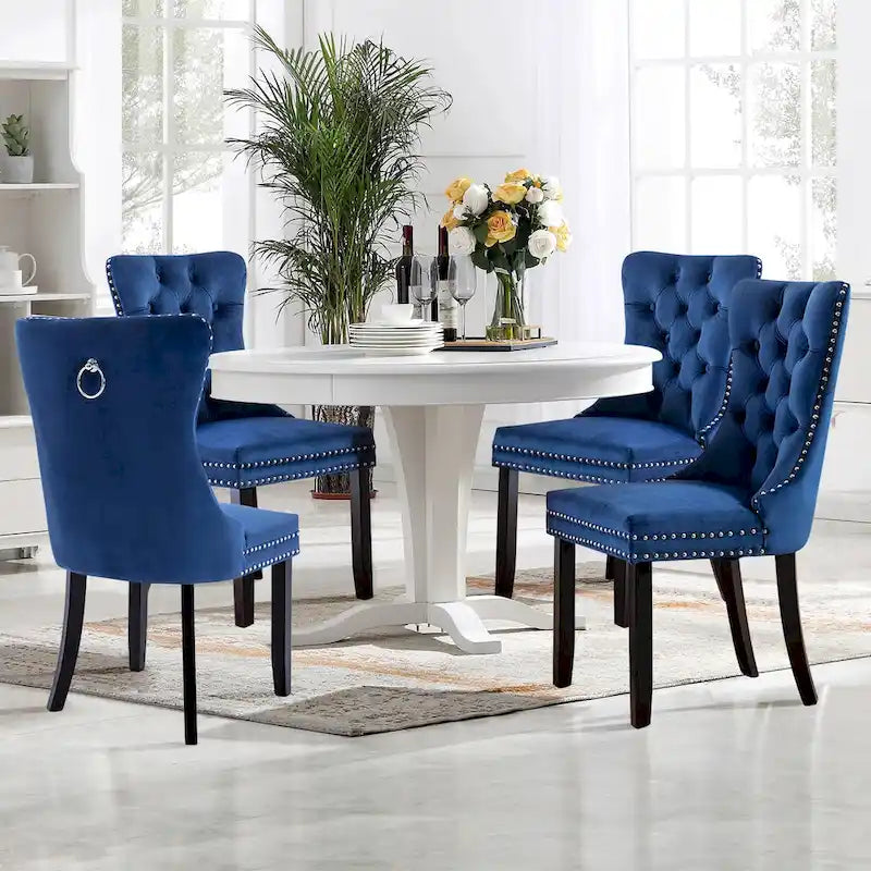 Lot de 2 chaises de salle à manger en velours avec dossier capitonné, clous décoratifs et pieds en bois massif