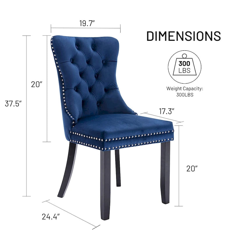 Lot de 2 chaises de salle à manger en velours avec dossier capitonné, clous décoratifs et pieds en bois massif
