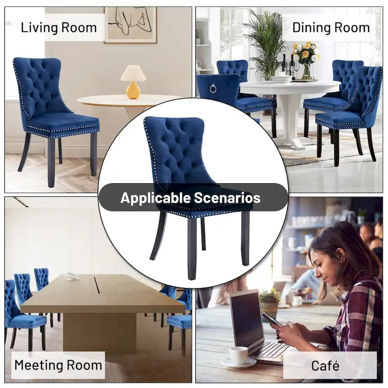 Lot de 2 chaises de salle à manger en velours avec dossier capitonné, clous décoratifs et pieds en bois massif