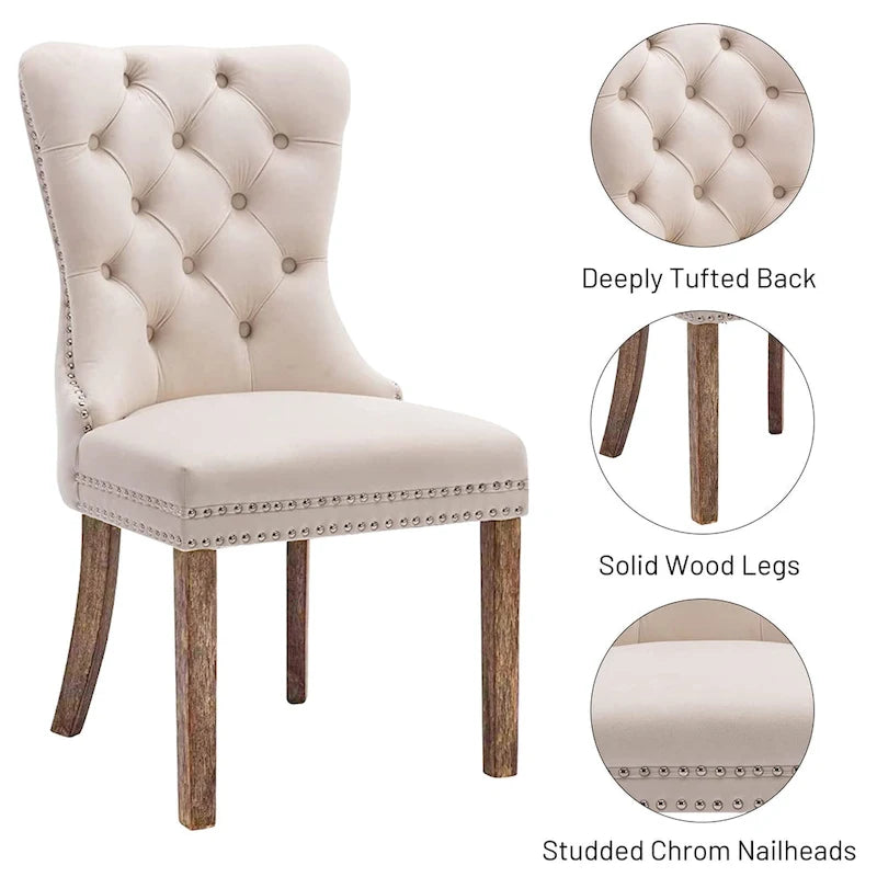 Lot de 2 chaises de salle à manger en velours avec dossier capitonné, clous décoratifs et pieds en bois massif