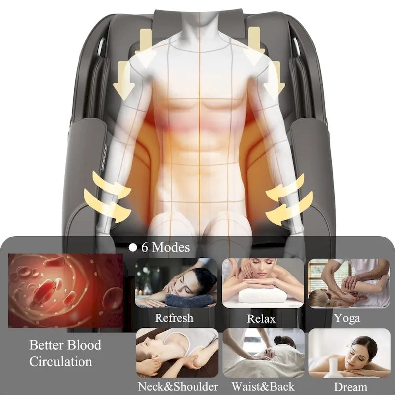 Fauteuil de massage corporel complet inclinable avec gravité zéro, airbag, haut-parleur Bluetooth et rouleau pour les pieds