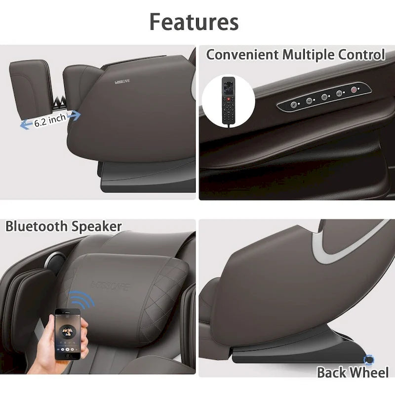 Fauteuil de massage corporel complet inclinable avec gravité zéro, airbag, haut-parleur Bluetooth et rouleau pour les pieds