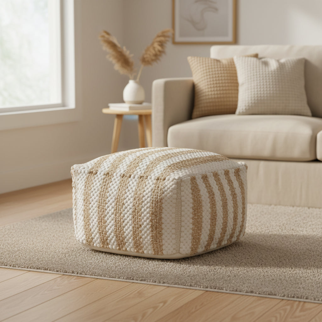Striped Almeria Square Jute/Cotton Pouf (20 x 20 x 12)