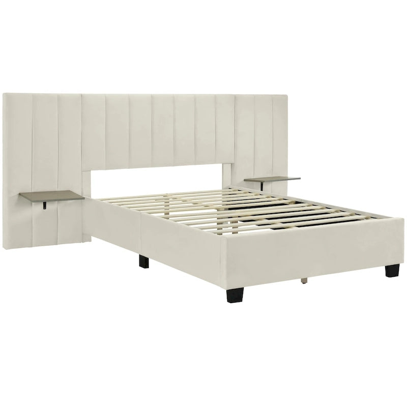 Lit plateforme tapissé double/grand format avec tête de lit et étagères latérales, velours, beige/gris/rose