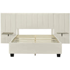 Lit plateforme tapissé double/grand format avec tête de lit et étagères latérales, velours, beige/gris/rose
