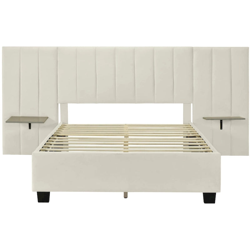 Lit plateforme tapissé double/grand format avec tête de lit et étagères latérales, velours, beige/gris/rose