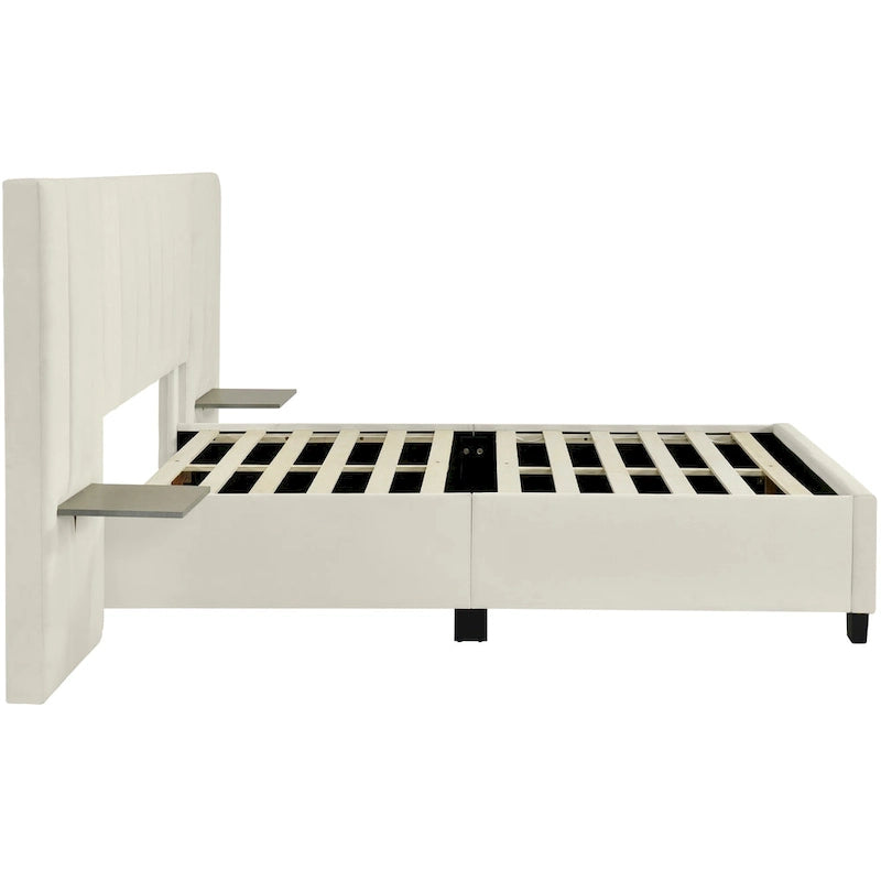 Lit plateforme tapissé double/grand format avec tête de lit et étagères latérales, velours, beige/gris/rose