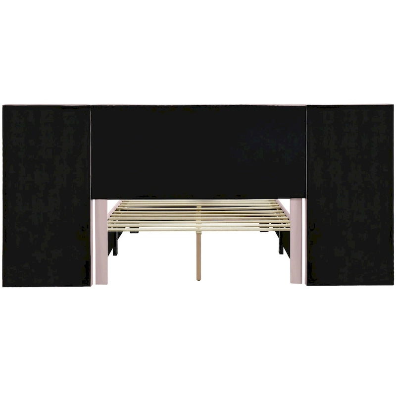 Lit plateforme tapissé double/grand format avec tête de lit et étagères latérales, velours, beige/gris/rose