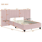 Lit plateforme tapissé double/grand format avec tête de lit et étagères latérales, velours, beige/gris/rose