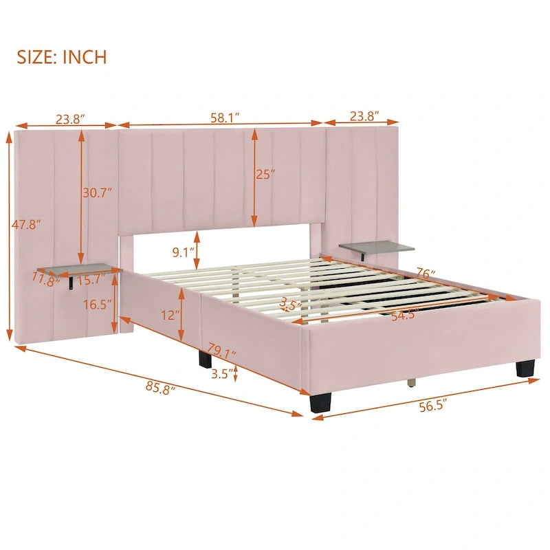 Lit plateforme tapissé double/grand format avec tête de lit et étagères latérales, velours, beige/gris/rose