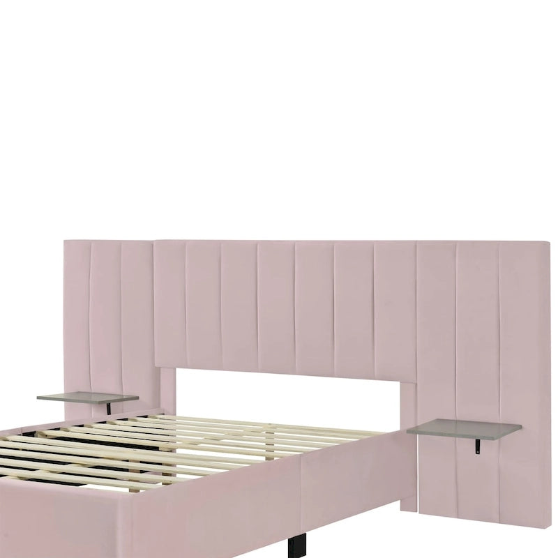 Lit plateforme tapissé double/grand format avec tête de lit et étagères latérales, velours, beige/gris/rose