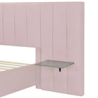 Lit plateforme tapissé double/grand format avec tête de lit et étagères latérales, velours, beige/gris/rose