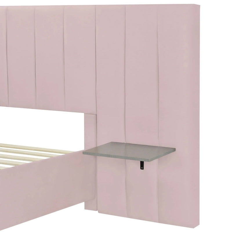 Lit plateforme tapissé double/grand format avec tête de lit et étagères latérales, velours, beige/gris/rose
