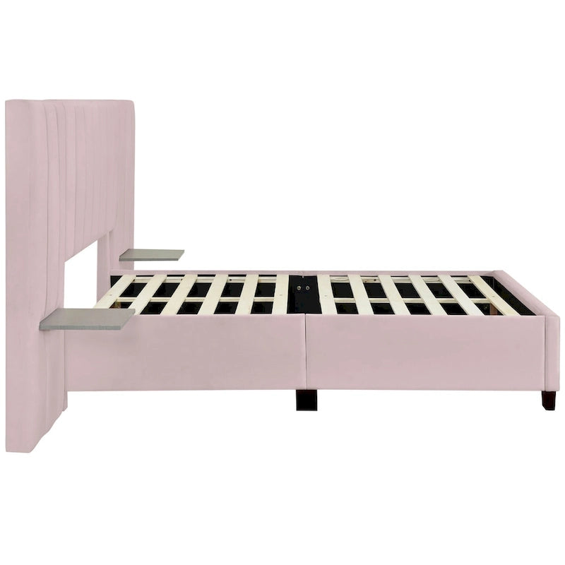 Lit plateforme tapissé double/grand format avec tête de lit et étagères latérales, velours, beige/gris/rose