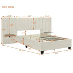 Lit plateforme tapissé double/grand format avec tête de lit et étagères latérales, velours, beige/gris/rose
