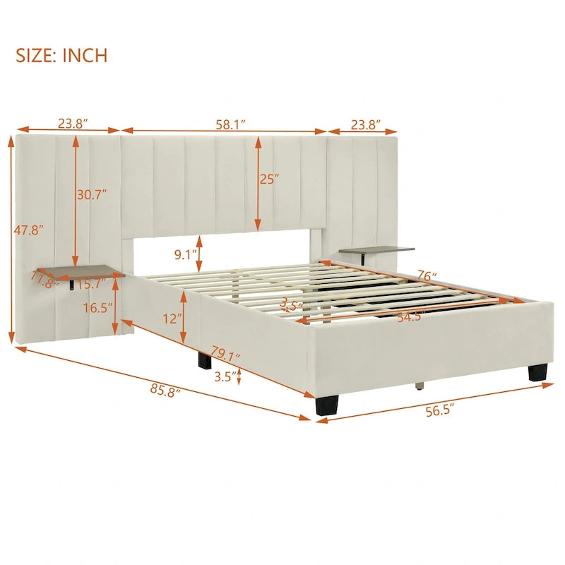 Lit plateforme tapissé double/grand format avec tête de lit et étagères latérales, velours, beige/gris/rose