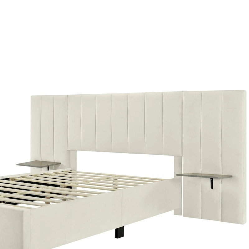 Lit plateforme tapissé double/grand format avec tête de lit et étagères latérales, velours, beige/gris/rose
