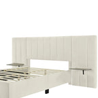 Lit plateforme tapissé double/grand format avec tête de lit et étagères latérales, velours, beige/gris/rose