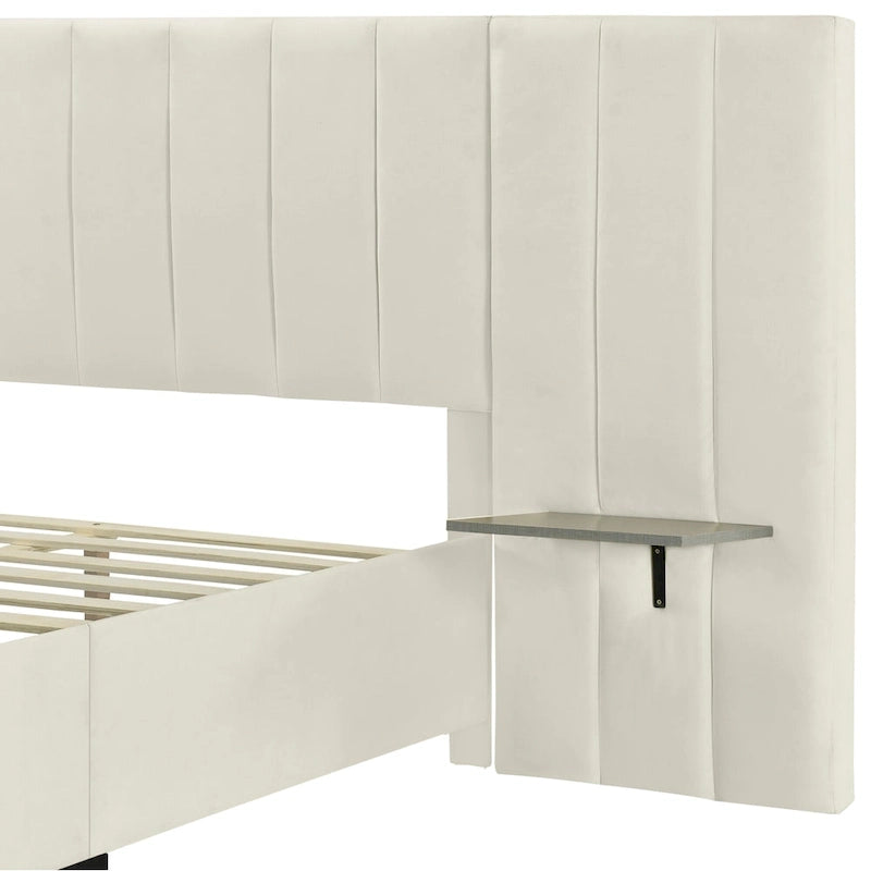 Lit plateforme tapissé double/grand format avec tête de lit et étagères latérales, velours, beige/gris/rose