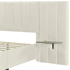 Lit plateforme tapissé double/grand format avec tête de lit et étagères latérales, velours, beige/gris/rose