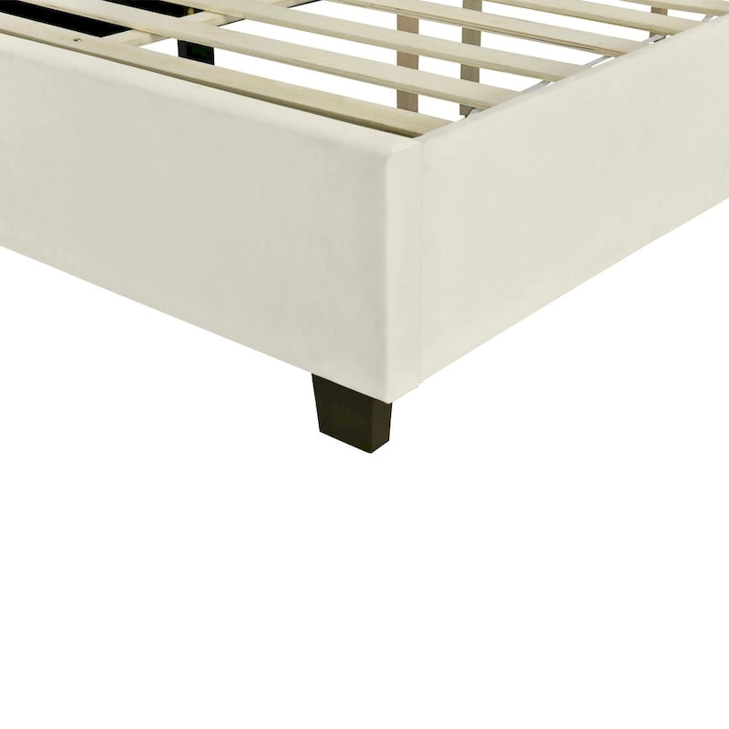 Lit plateforme tapissé double/grand format avec tête de lit et étagères latérales, velours, beige/gris/rose