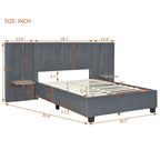 Lit plateforme tapissé double/grand format avec tête de lit et étagères latérales, velours, beige/gris/rose
