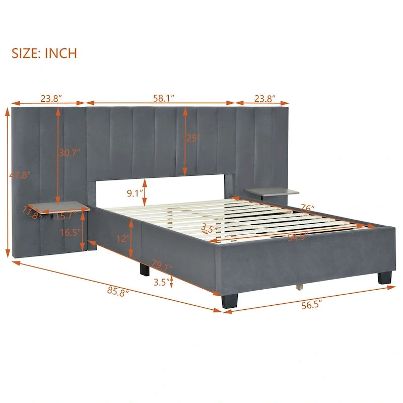Lit plateforme tapissé double/grand format avec tête de lit et étagères latérales, velours, beige/gris/rose
