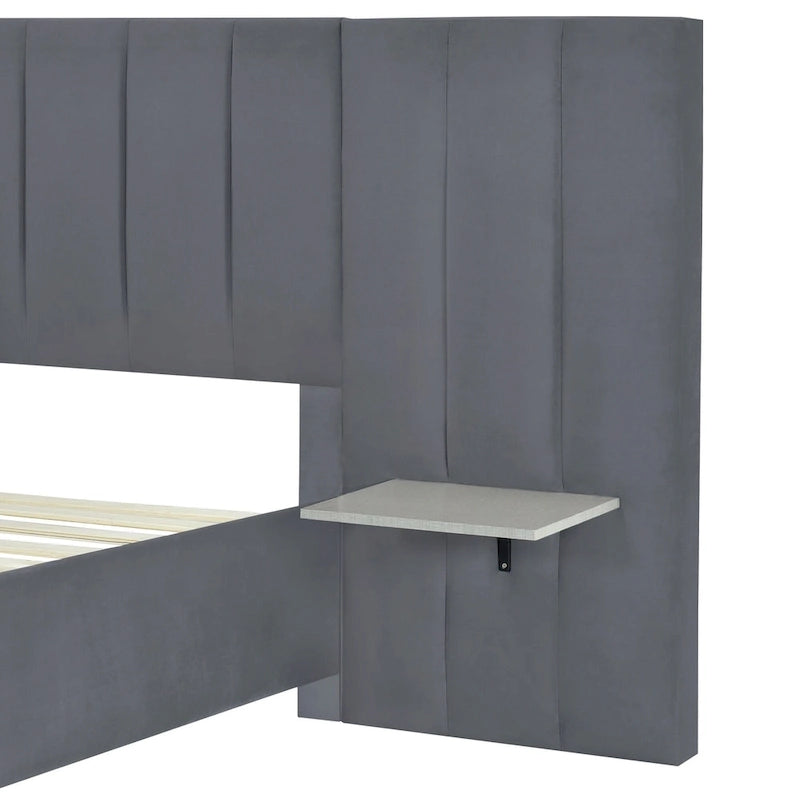 Lit plateforme tapissé double/grand format avec tête de lit et étagères latérales, velours, beige/gris/rose