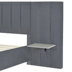 Lit plateforme tapissé double/grand format avec tête de lit et étagères latérales, velours, beige/gris/rose