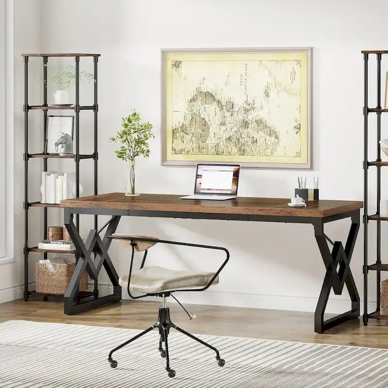 Grand bureau de 160 cm avec cadre en métal et plateau en bois