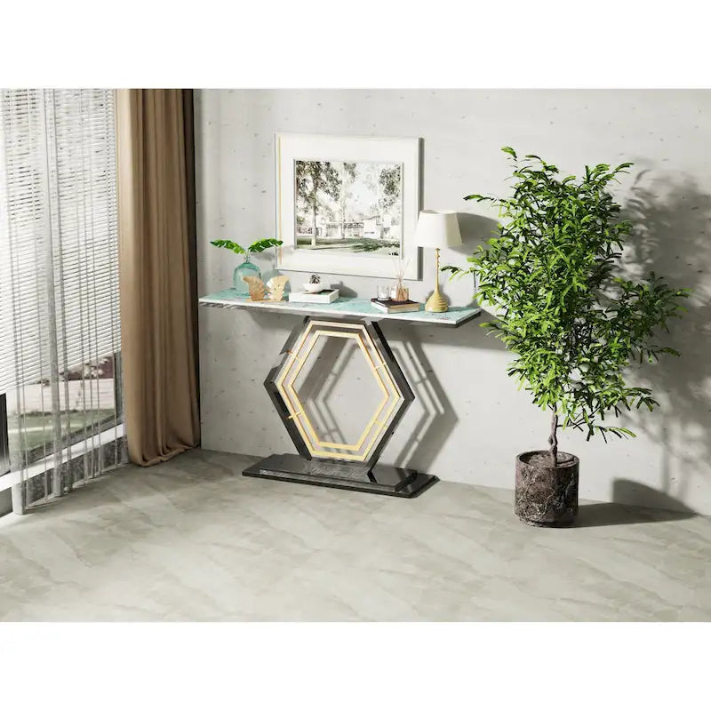 Console en pierre frittée avec base géométrique en métal - 120x30x78 cm