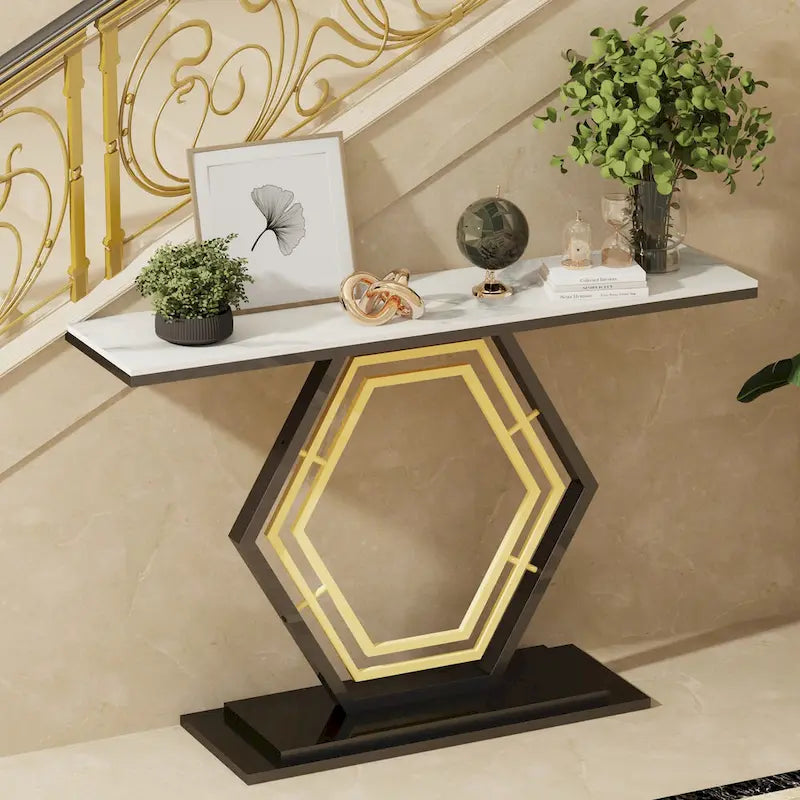 Console en pierre frittée avec base géométrique en métal - 120x30x78 cm