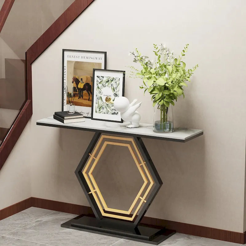 Console en pierre frittée avec base géométrique en métal - 120x30x78 cm