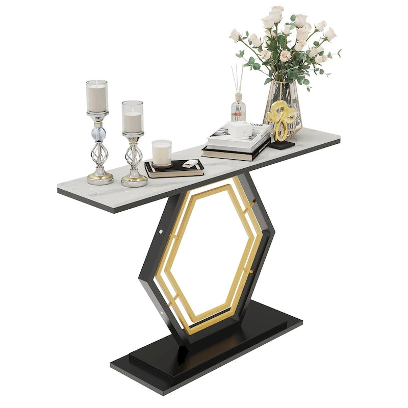 Console en pierre frittée avec base géométrique en métal - 120x30x78 cm
