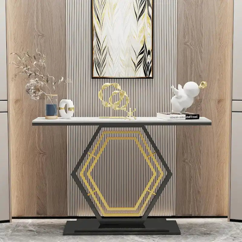 Console en pierre frittée avec base géométrique en métal - 120x30x78 cm