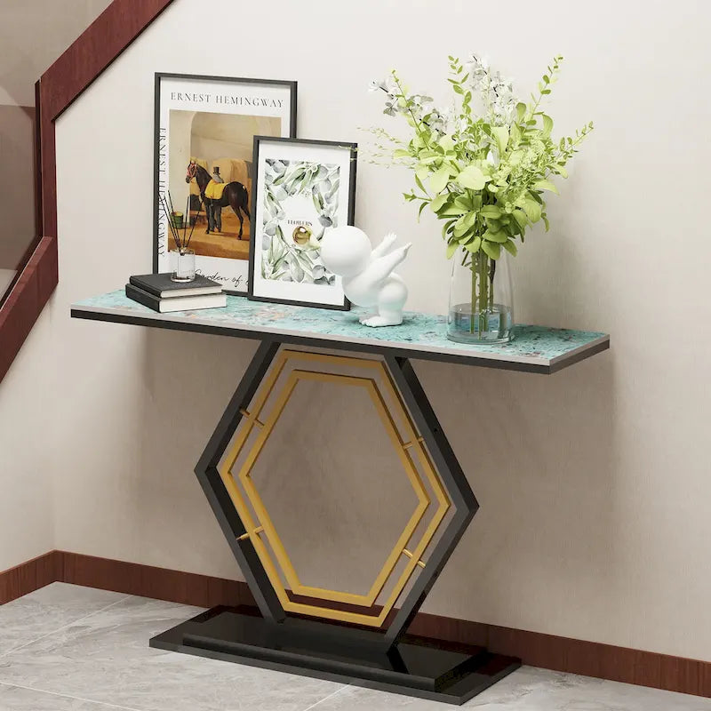 Console en pierre frittée avec base géométrique en métal - 120x30x78 cm