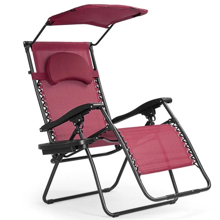 Chaise longue pliante inclinable avec pare-soleil et porte-gobelet - Rouge foncé