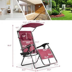 Chaise longue pliante inclinable avec pare-soleil et porte-gobelet - Rouge foncé