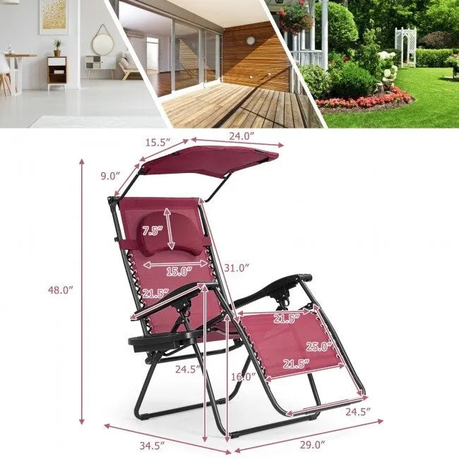 Chaise longue pliante inclinable avec pare-soleil et porte-gobelet - Rouge foncé
