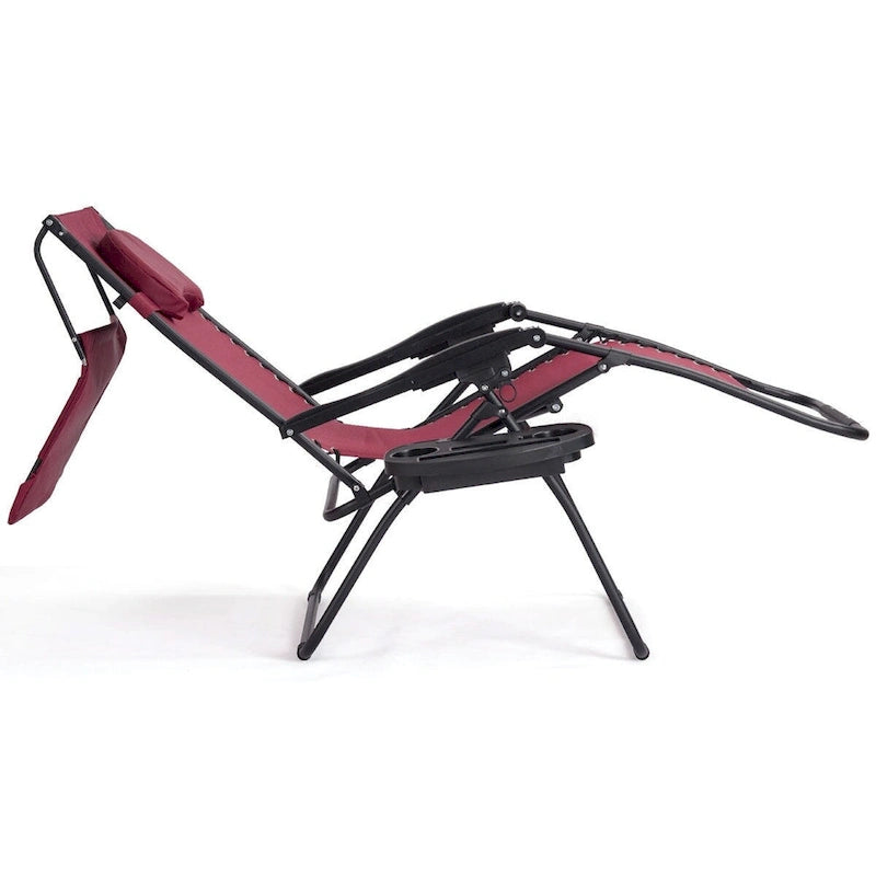 Chaise longue pliante inclinable avec pare-soleil et porte-gobelet - Rouge foncé