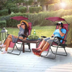 Chaise longue pliante inclinable avec pare-soleil et porte-gobelet - Rouge foncé