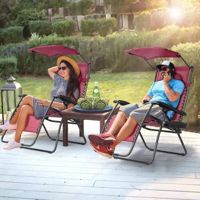Chaise longue pliante inclinable avec pare-soleil et porte-gobelet - Rouge foncé
