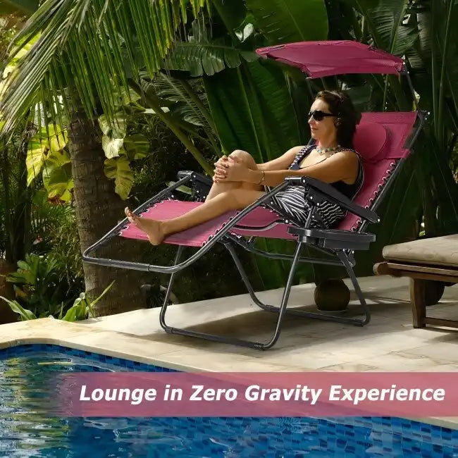 Chaise longue pliante inclinable avec pare-soleil et porte-gobelet - Rouge foncé