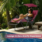 Chaise longue pliante inclinable avec pare-soleil et porte-gobelet - Rouge foncé